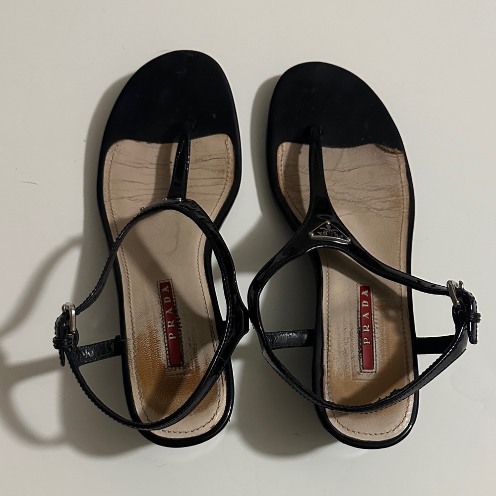Prada Black Patent Leather T-Strap Women's Sandals Size 38